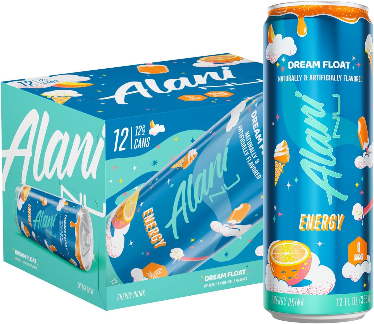 Alani Nu DREAM FLOAT, Sugar Free, Low Calorie Energy Drinks, 200mg Caffeine, Biotin, B Vitamins, Zero Sugar, 10 Calories, 12 Fl Oz Cans, 12 Pack