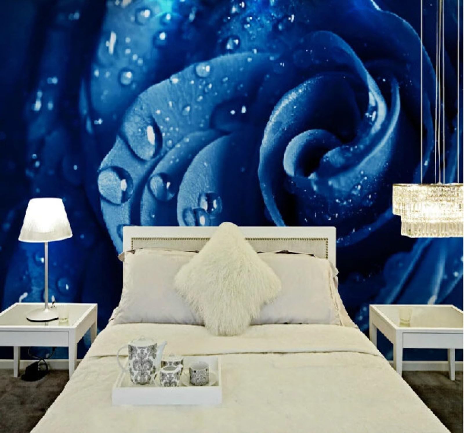 Wallpaper-3D-Xlm 400Cm×280Cm(B×H) Fresh Water Droplets Beautiful Blue Roses 3D Wallpaper Easy Install Feature Office Living Room Sofa Bedroom Tv Background Wall Decoration-400Cm×280Cm