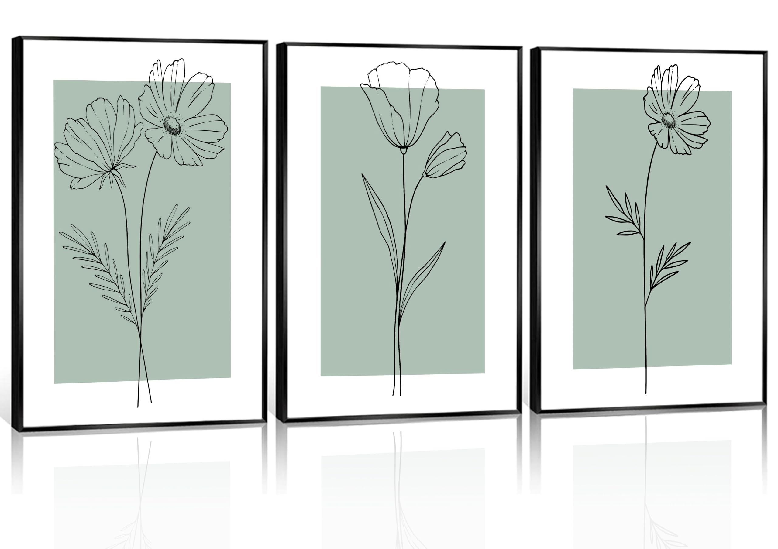 3 pcs of Line Flower Canvas Wall Art Minimalist Flower Paintings Pictures Decor Green Botanical Flower Simplicity Posters Prints for Living Bedroom Bathroom Scene Home Decoration Unframed