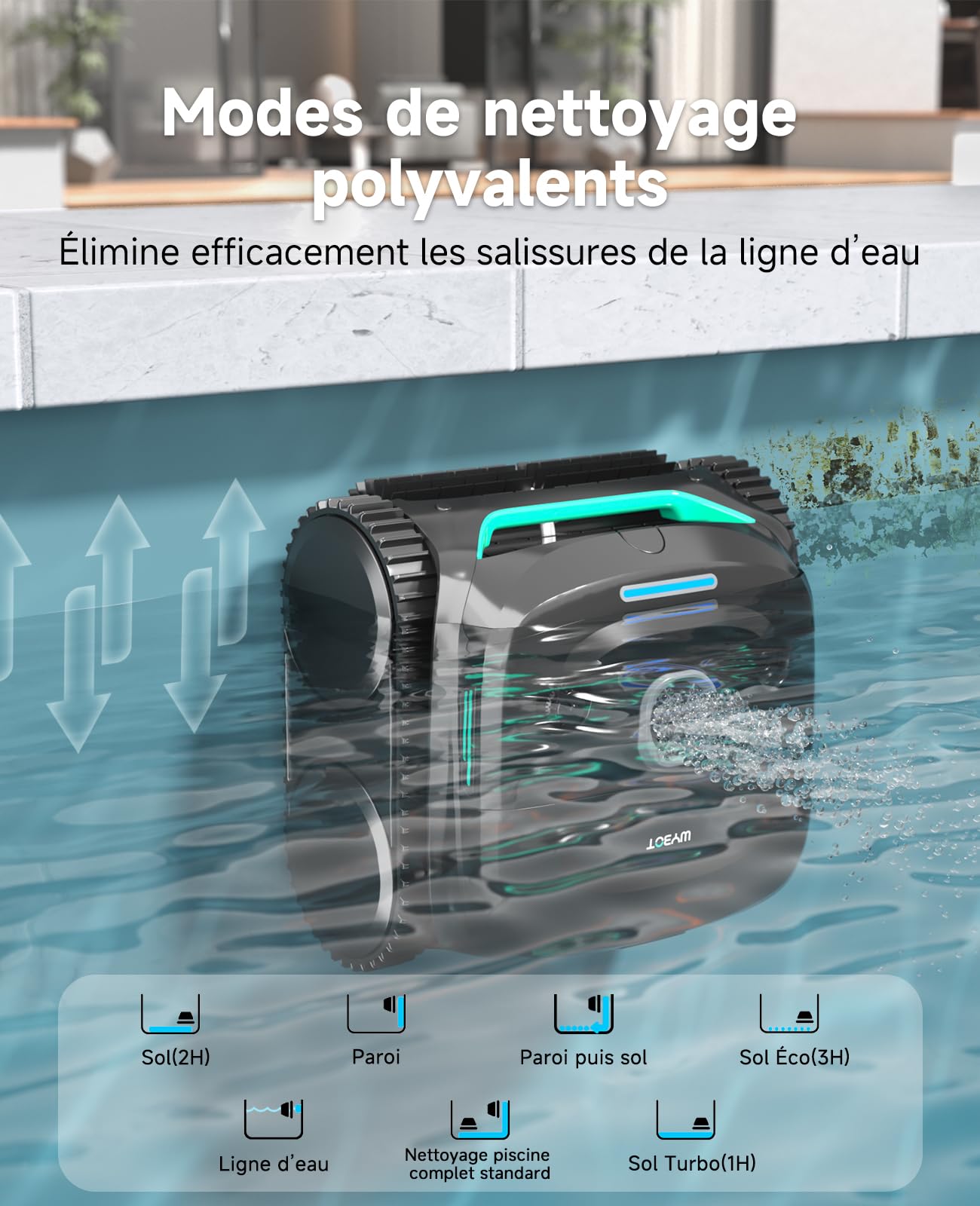 WYBOT C2 – Robot Piscine sans Fil, 3 Moteurs, Double Filtration, Nettoyage Fond, Parois Et Ligne d'eau, Autonomie 180 Min, pour Piscines Enterrées Max 150㎡, App Incluse(Vert Charbon-Gris)