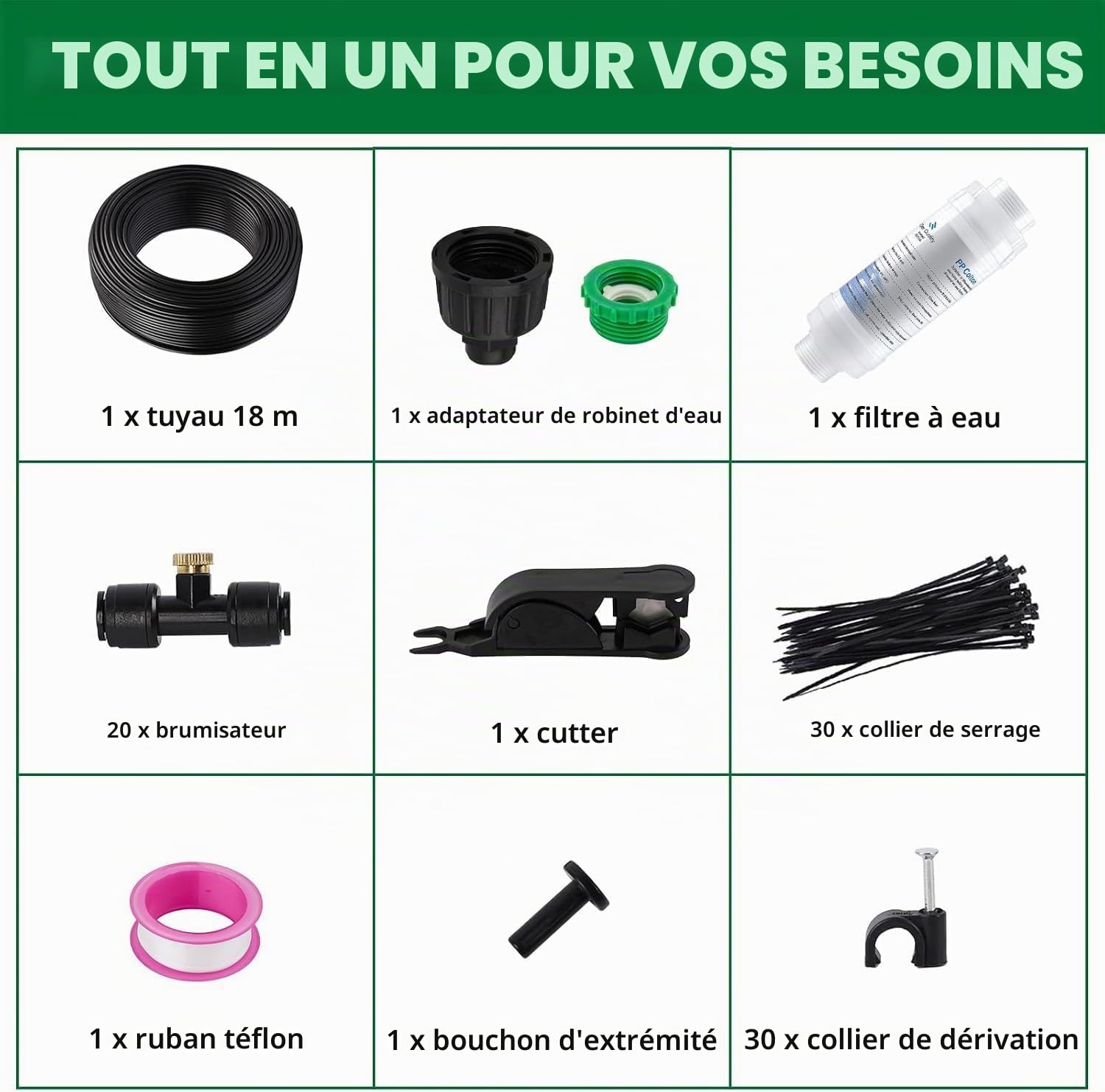 Brumisateur Terrasse Exterieur, Kit d’Irrigation Système de Brumisateur Extérieur 18M avec avec filtre à eau 20 Buses de Brume avec Joint en T, Kit de Tuyau Brumisateur par Brume pour Jardin Parasols