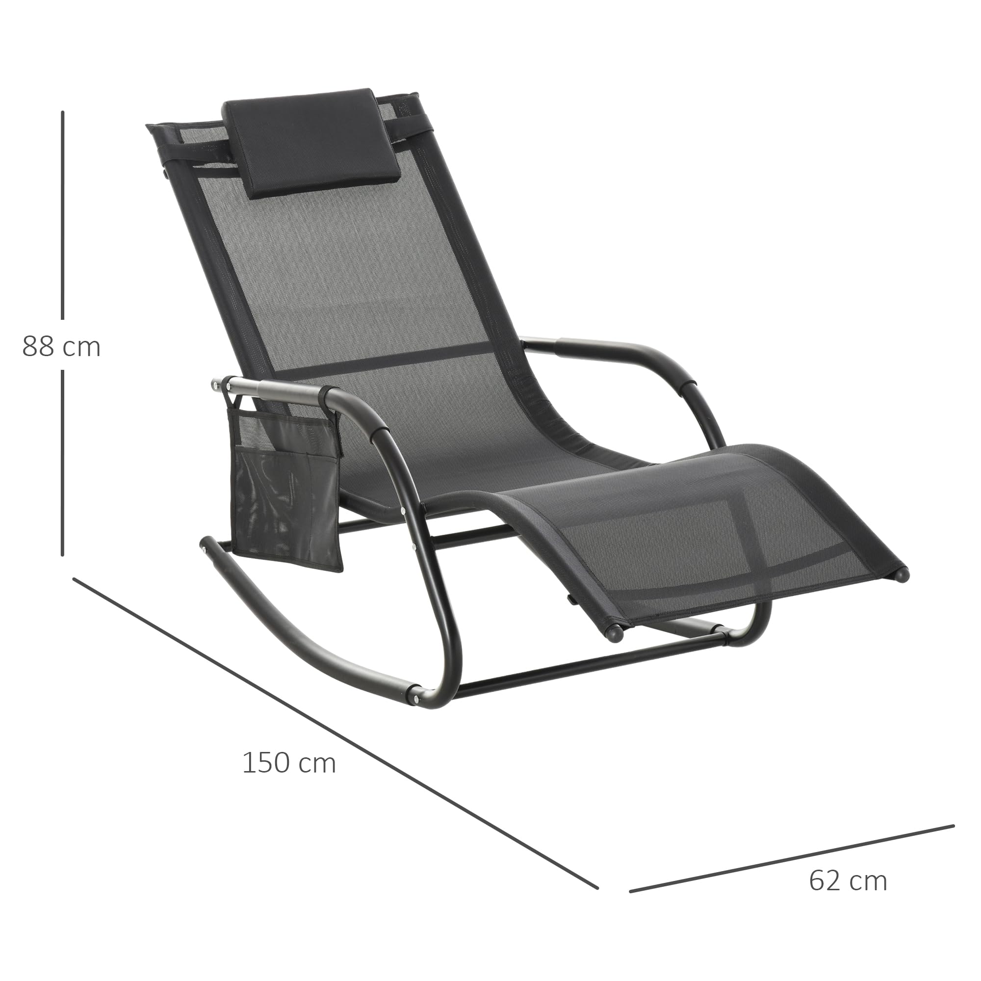 Outsunny Mecedora de Exterior Tumbona Mecedora con Reposabrazos Reposacabezas Acolchado y Bolsillo Lateral Carga 120 kg para Jardín Terraza Patio 150x62x88 cm Negro