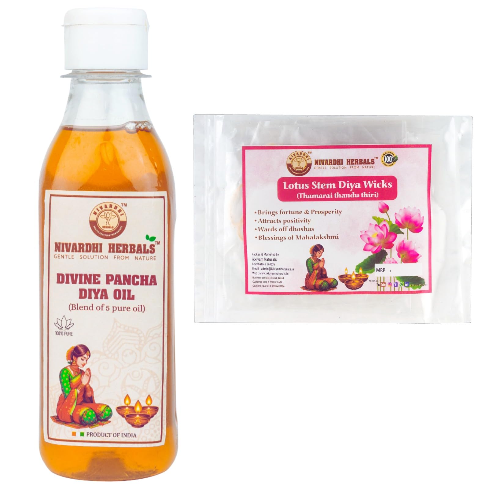 Combo of Divine Pancha Diya Oil | Blend of 5 Pure Oil for Pooja 250ml & Lotus stem Diya Wicks-picture-37