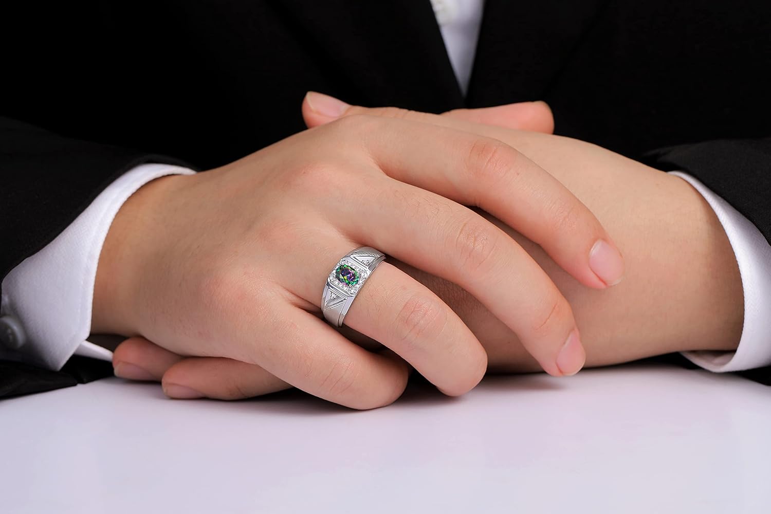 Rylos Men's Rings Classic 7X5MM Oval Gemstone & Diamond Ring - Color Stone Birthstone Rings for Men, Sterling Silver Ring in Sizes 8-13. Unique Mens Jewlery - Image 2