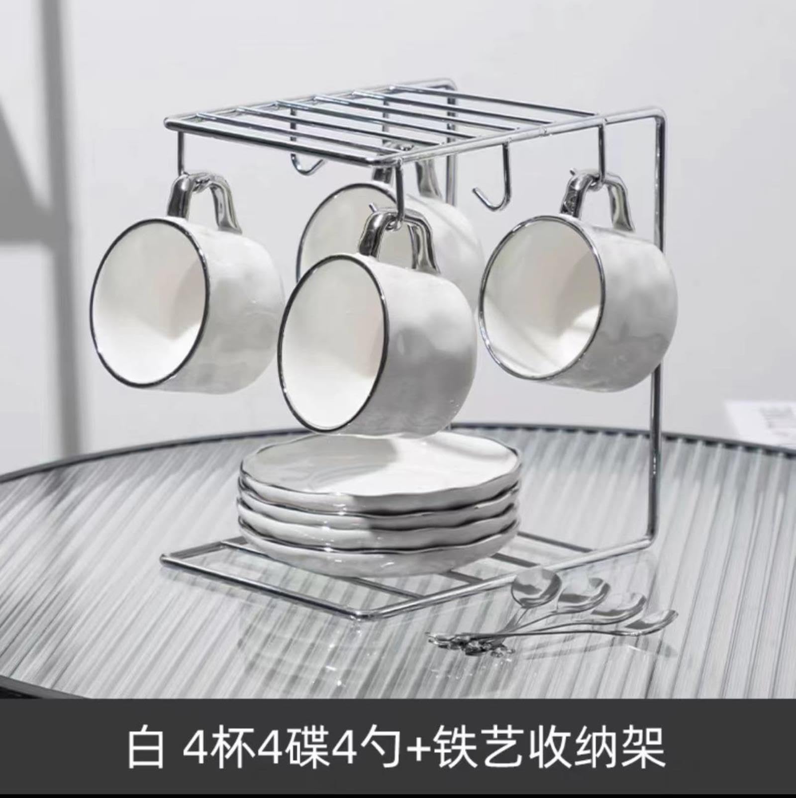 Juego de tazas de café de cerámica de lujo ligero de 230 ml con vajilla de té de la tarde, 4 tazas y platos + juego blanco