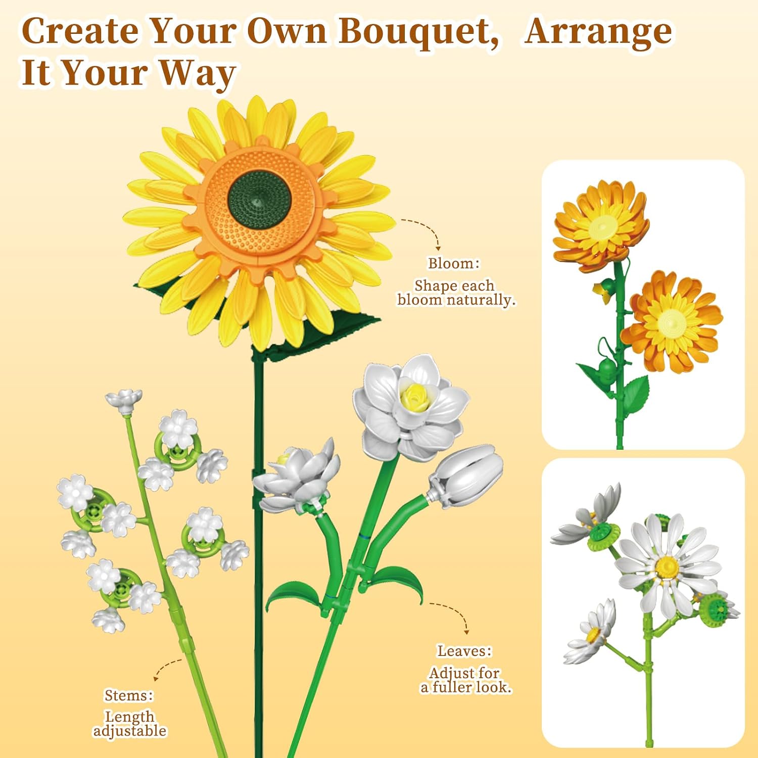 SUNHABI Sunflower Flower Building Set for Adults, Botanical Bouquet Kit | Sunflower Bouquet Style, DIY Flower Arrangement, Lasting Home Decor