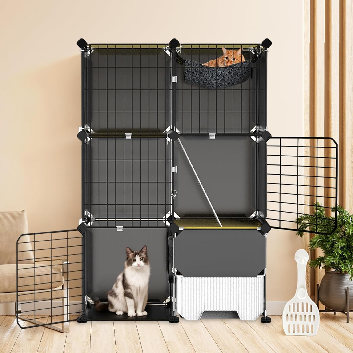 Large 3-Tier Cat Cage & Enclosure, Detachable Indoor Cat Playpen with Litter Box, Hammock & Scoop, DIY Metal Wire Kennel Kitten Crate House for 1-2 Cats, Ferrets, Small Pets, 28"x14"x42"