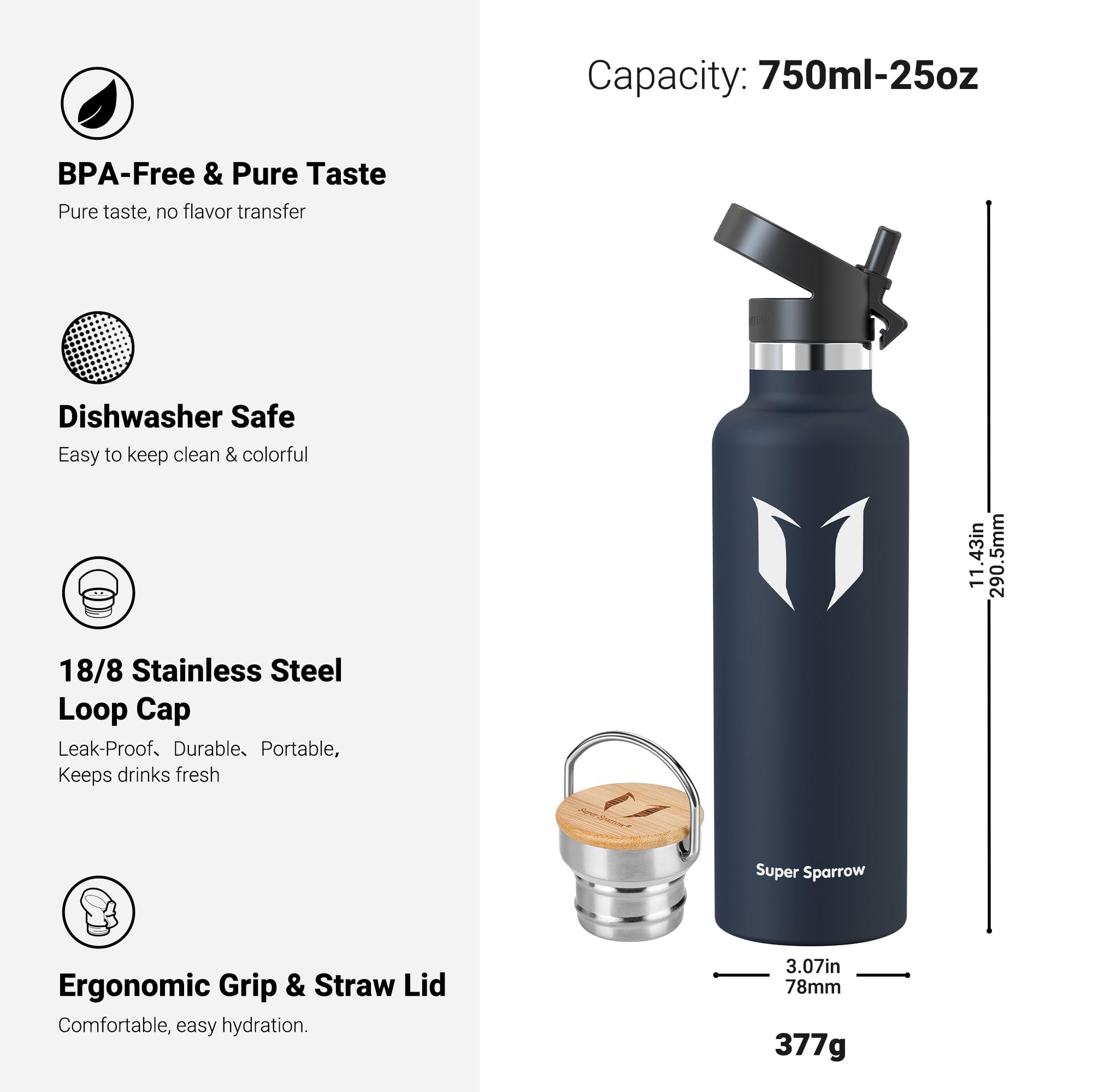 Super Sparrow Borraccia Termica - Bottiglia Termica Senza Perdite - 350ml/500ml/620ml/750ml/1L - Senza BPA Borracce Bambini - Per Scuola, Sport, Campeggio, Palestra, Ciclismo - Con 2 Tappi