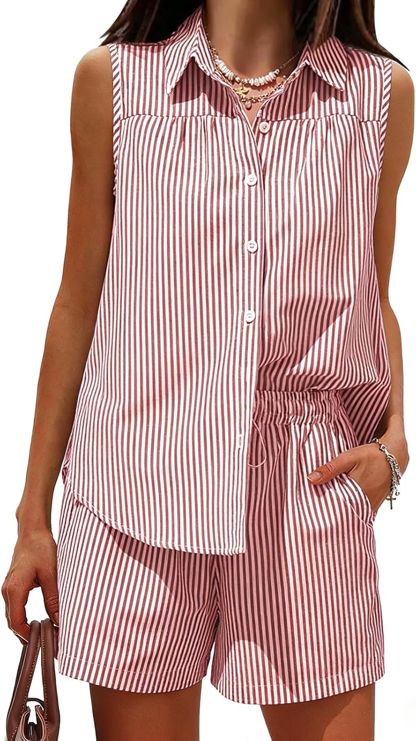 EXLURA Women's Summer 2 Piece Outfits Cotton Sleeveless Button Down Shirts Matching Shorts Sets Cruise Beach Vacation Resort