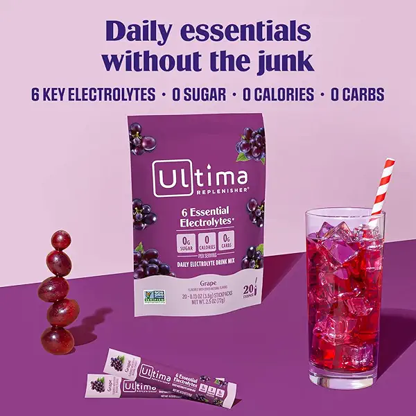 Ultima Replenisher Daily Electrolyte Powder – Grape, 20 Stickpacks – Zero Sugar Hydration Packets with 6 Electrolytes and Minerals – Sugar Free, Plant Based & Keto Friendly Drink Mix 2