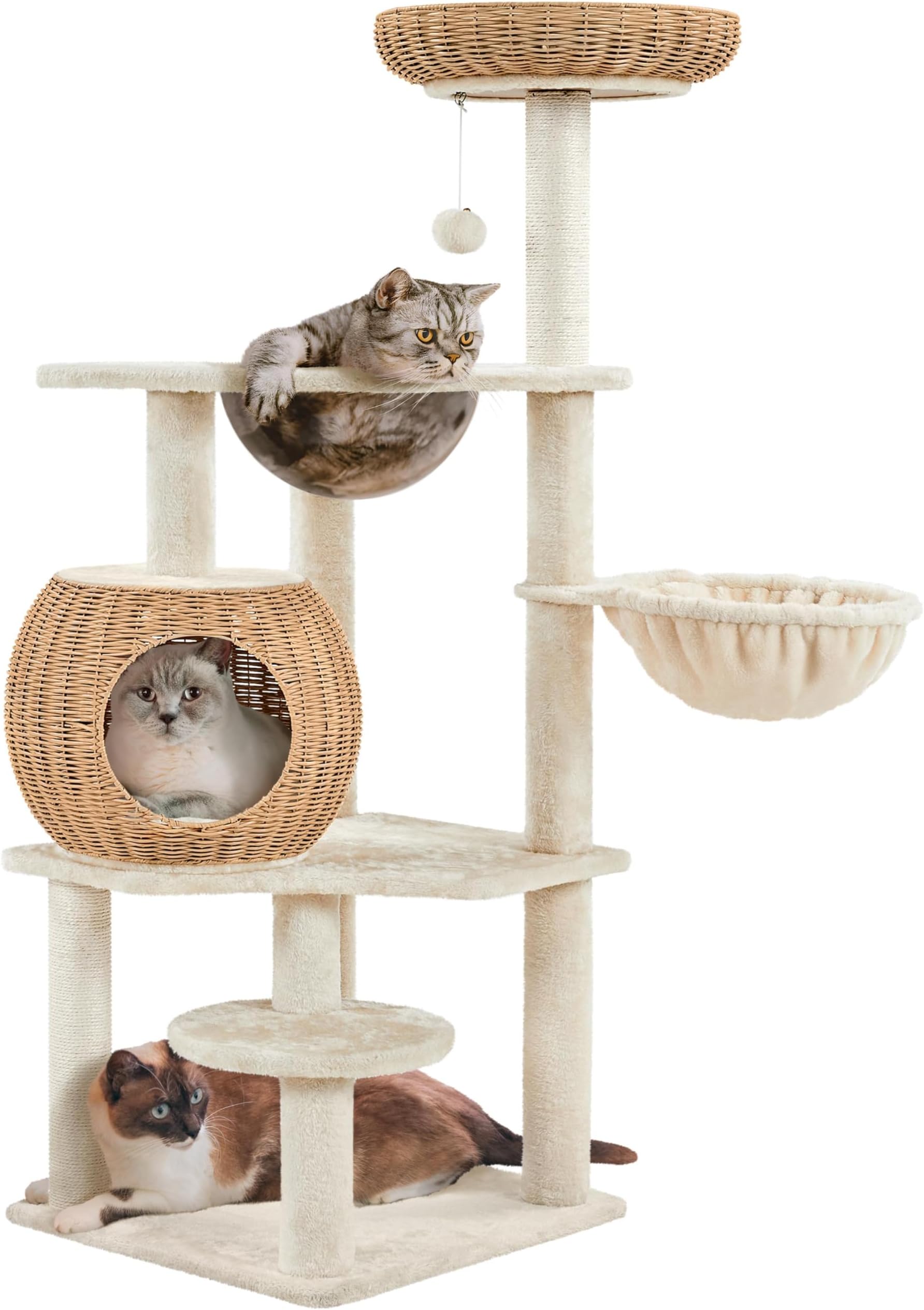 Yaheetech Cat Tree, 137.5cm Modern Cat Tower Rattan Cat Tree w/Wicker Condo, Acrylic Clear Bowl, Detachable Cushions, Scratching Posts, Cream Cat Tree Activity Centre for Indoor Cats