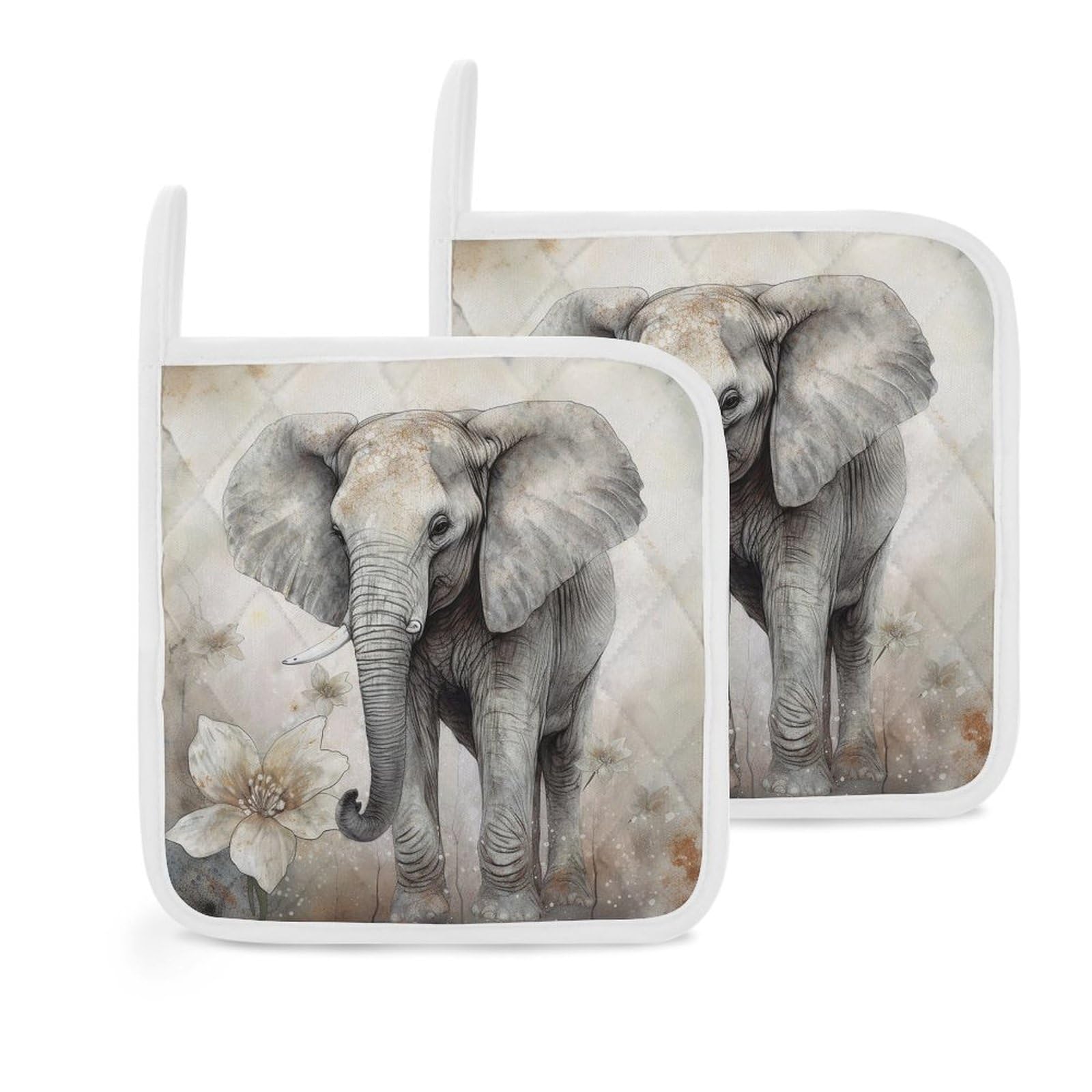 2Pcs Pot Holders for Kitchen Heat Resistant Hot Pads for Countertops Oven Animals Cute Elephant Hot Holders Non-Slip Oven Potholders Set for Cooking Baking Trivet 8 Inch
