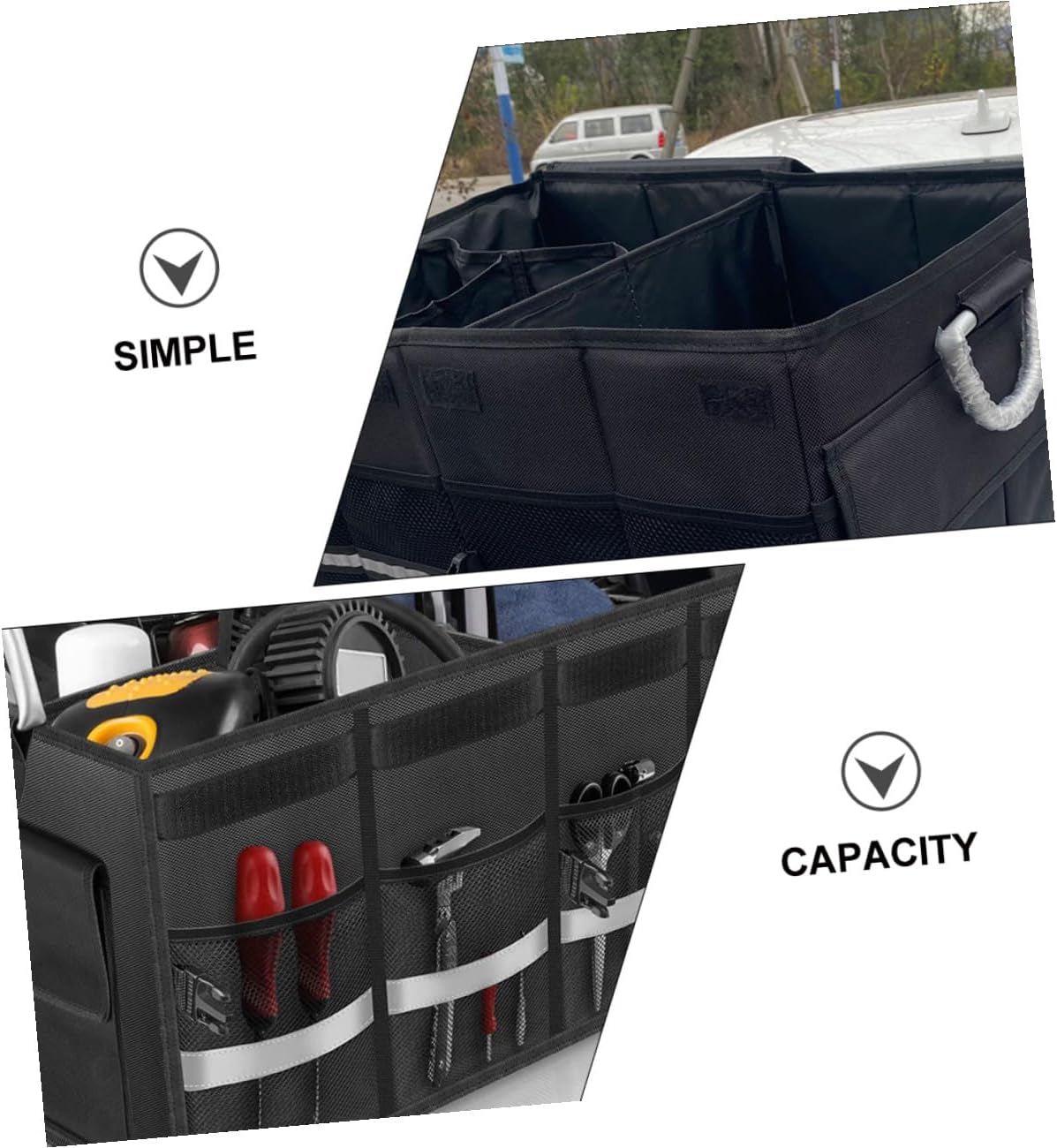 POPETPOP Car Foldable Storage Box, Car Trunk Organizer with Multi-compartment Design, Black Collapsible Vehicle Storage Holder for Suv and Sedan Trunk Use
