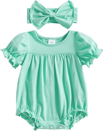 Newborn Baby Girls Summer Clothes Puff Short Sleeve Bubble Romper Bodysuit with Headband Cute One Piece Outfit