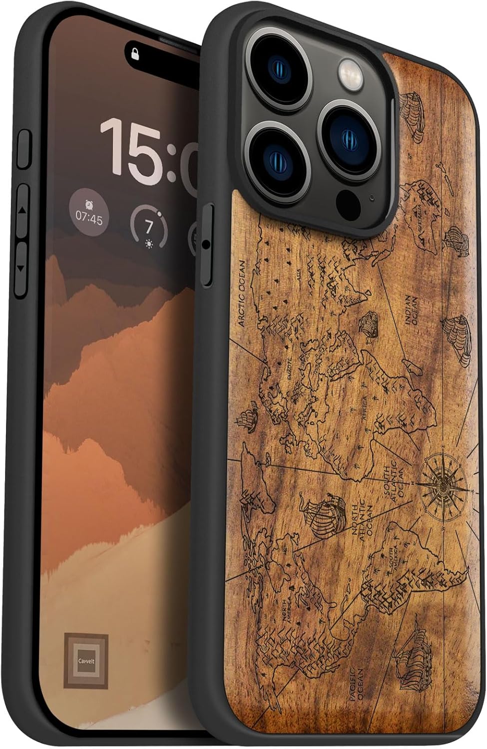 Carveit Magnetic Wooden Case for iPhone 15 Pro Case, Compatible with MagSafe Wireless Chargers, Black Soft TPU Shockproof Cover & Wood Artisan Engraved (World Map) - Walnut
