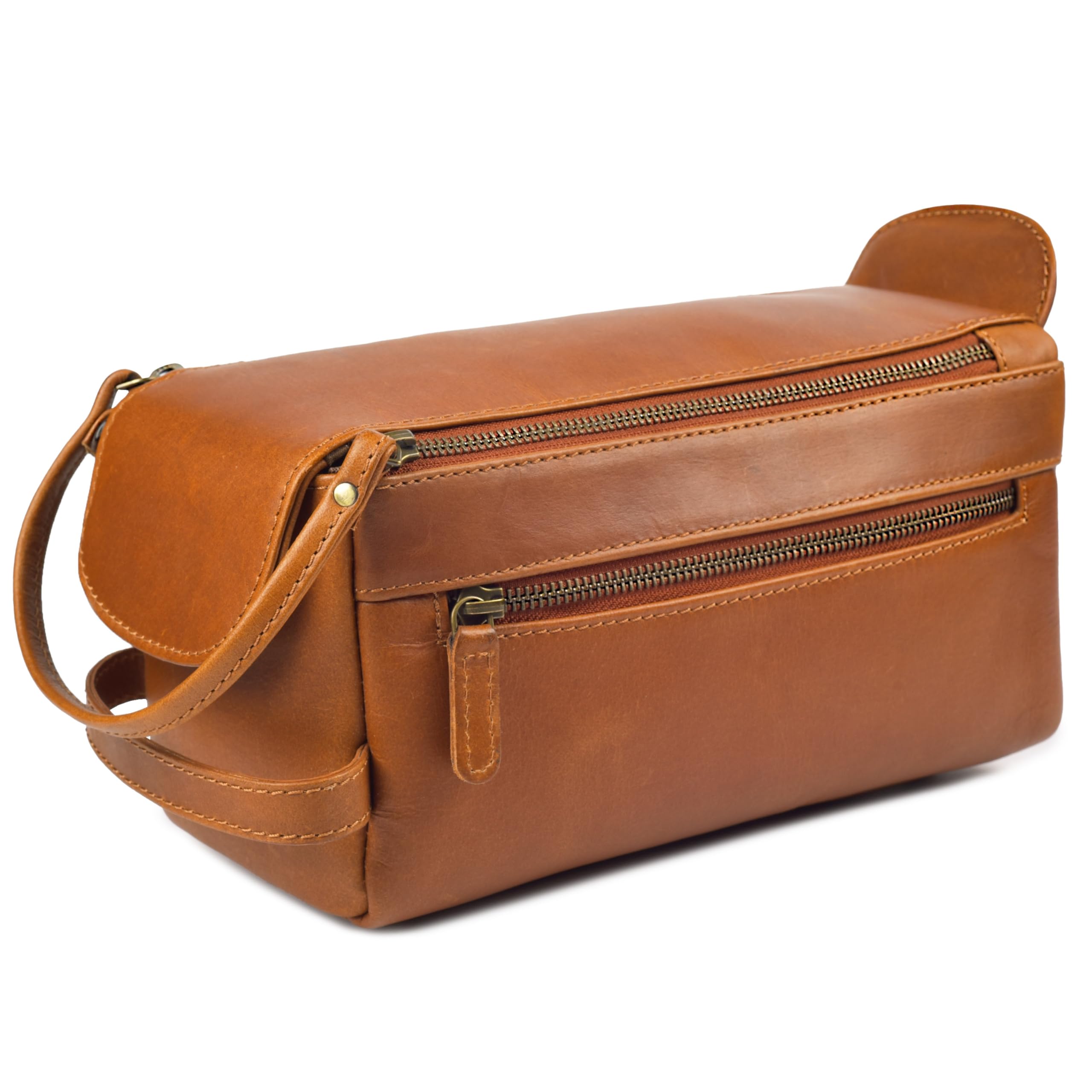 Leather & latch Beauty case unisex in pelle vintage di alta qualità, kit da viaggio per rasatura e cosmetici, organizer per uomini e donne (marrone cognac)