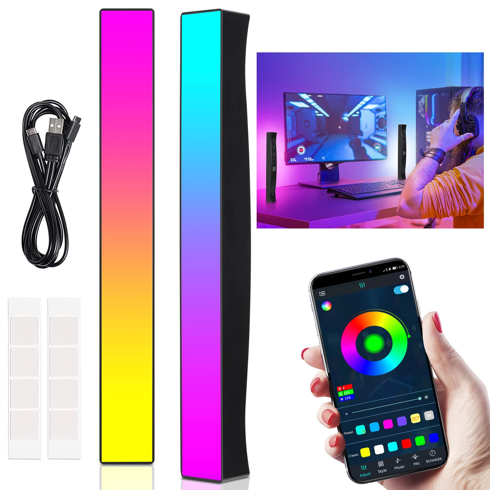 ATOWORLD LED Smart Light Bars RGB Lamp Gaming Lights Bar 2 Pack Sync with Music Bluetooth APP Control Smart Flow Light Bar with Scene and Music Modes Ambient Lighting Bar for TV and Mood Light