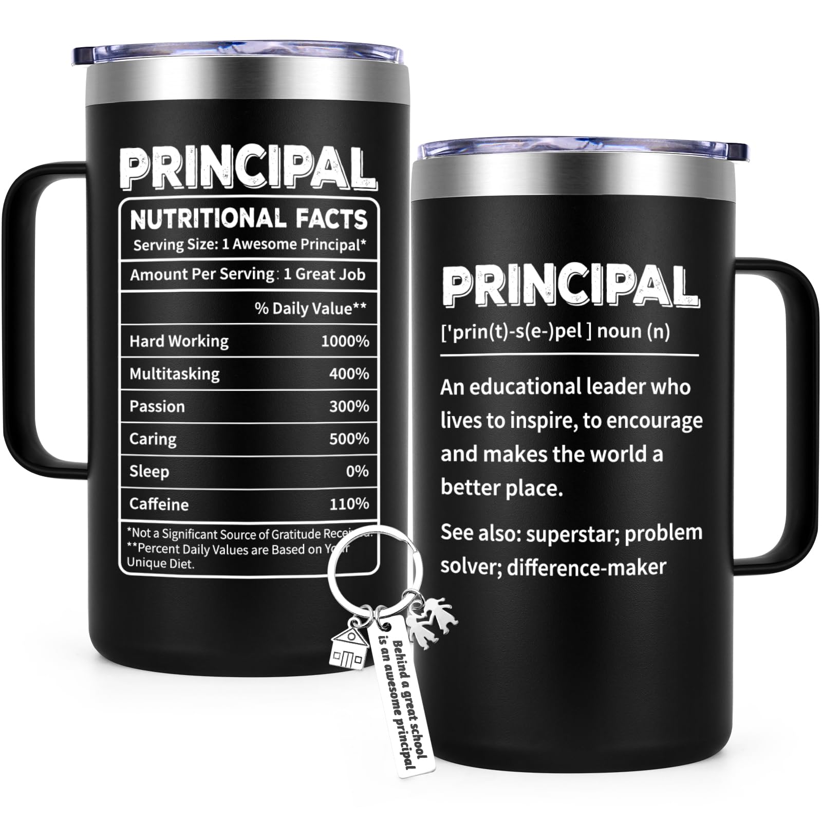 Qtencas Principal Appreciation Gifts for Men, Best Gifts for Principal Day, Principal Nutritional Facts Stainless Steel Coffee Mug, Teacher Appreciation Day(20oz, Black)