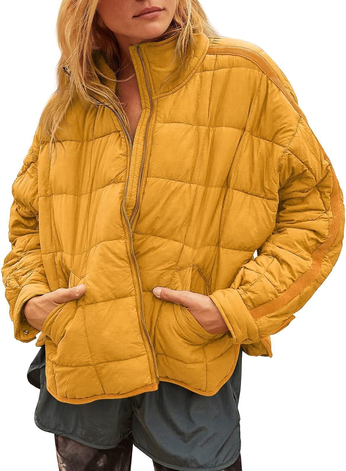 Quilted Jackets for Women Lightweight Long Sleeve Zip Puffer Jacket Winter Stand Collar Warm Coats Top with Pocket