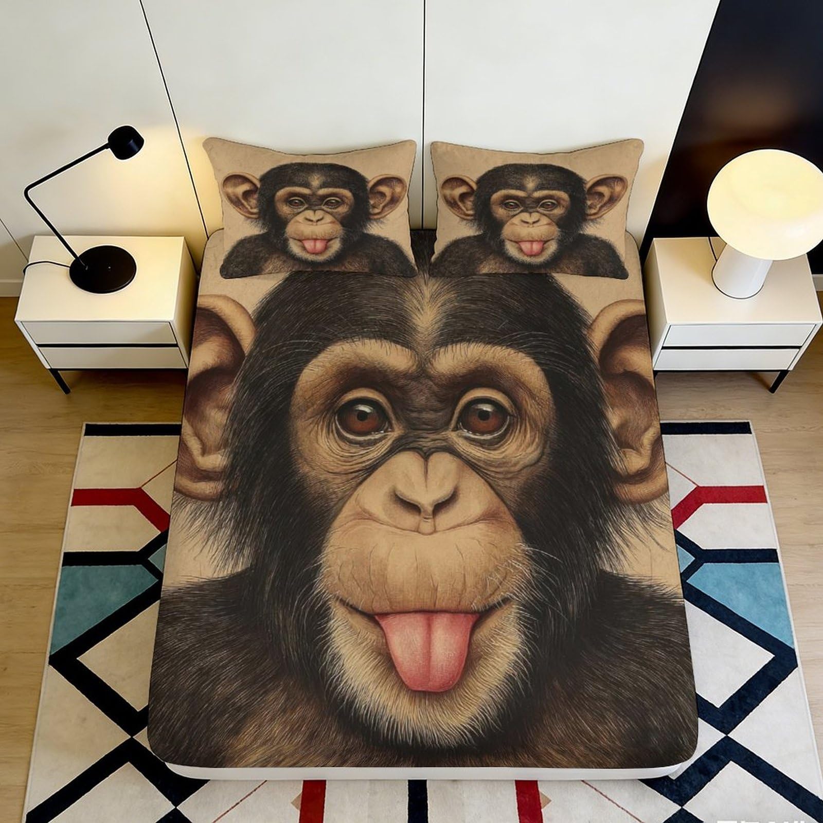 3D Printed Monkey Design Fitted Sheet Microfiber Deep Pocket Elastic Hem Monkey Mattress Fitted Cover Washable for Bedroom 200x200x25cm