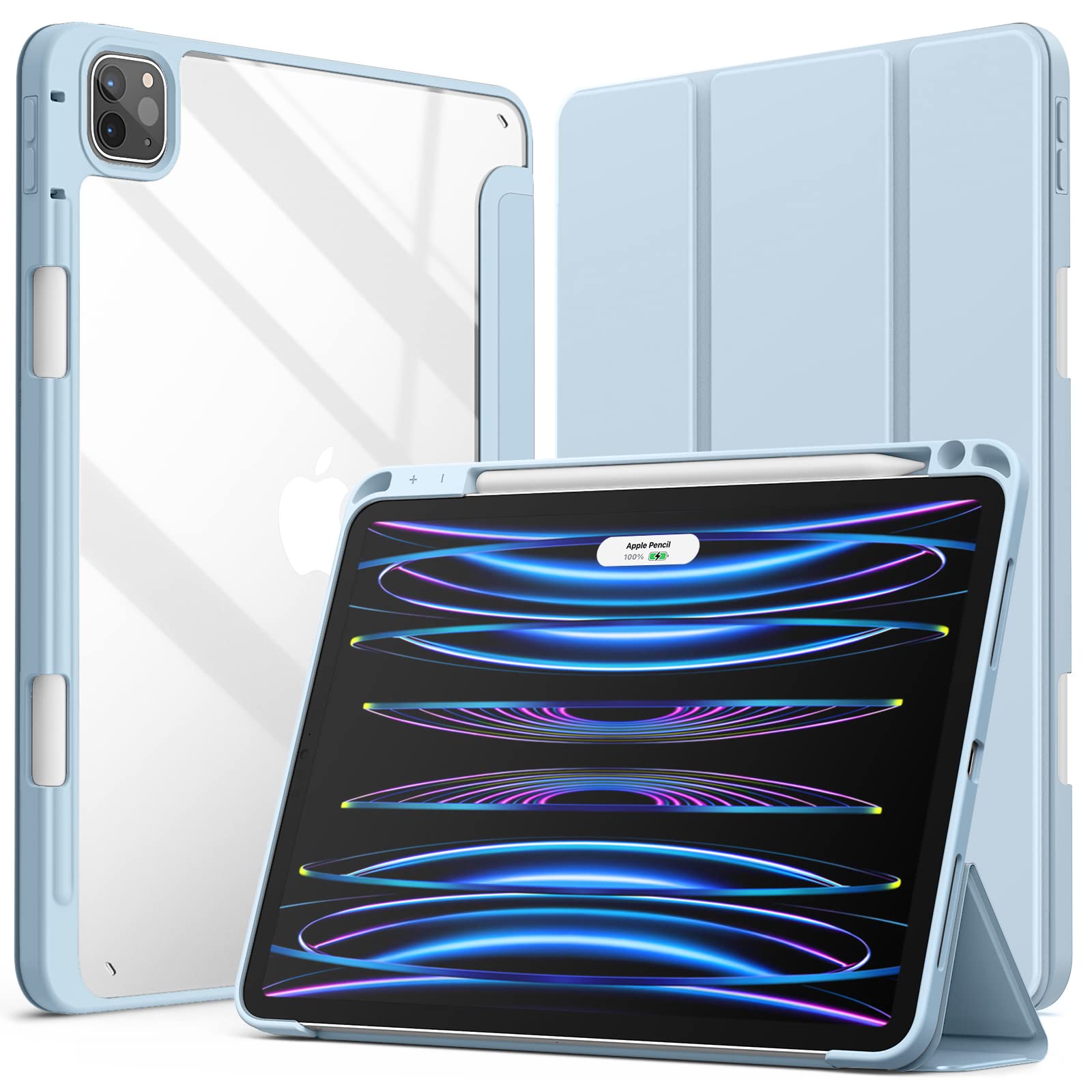 JETechCase for iPad Pro 11 Inch (2022/2021/2020/2018) with Pencil Holder, Clear Transparent Back Shell Slim Stand Shockproof Tablet Cover, Auto Wake/Sleep (Light Blue)