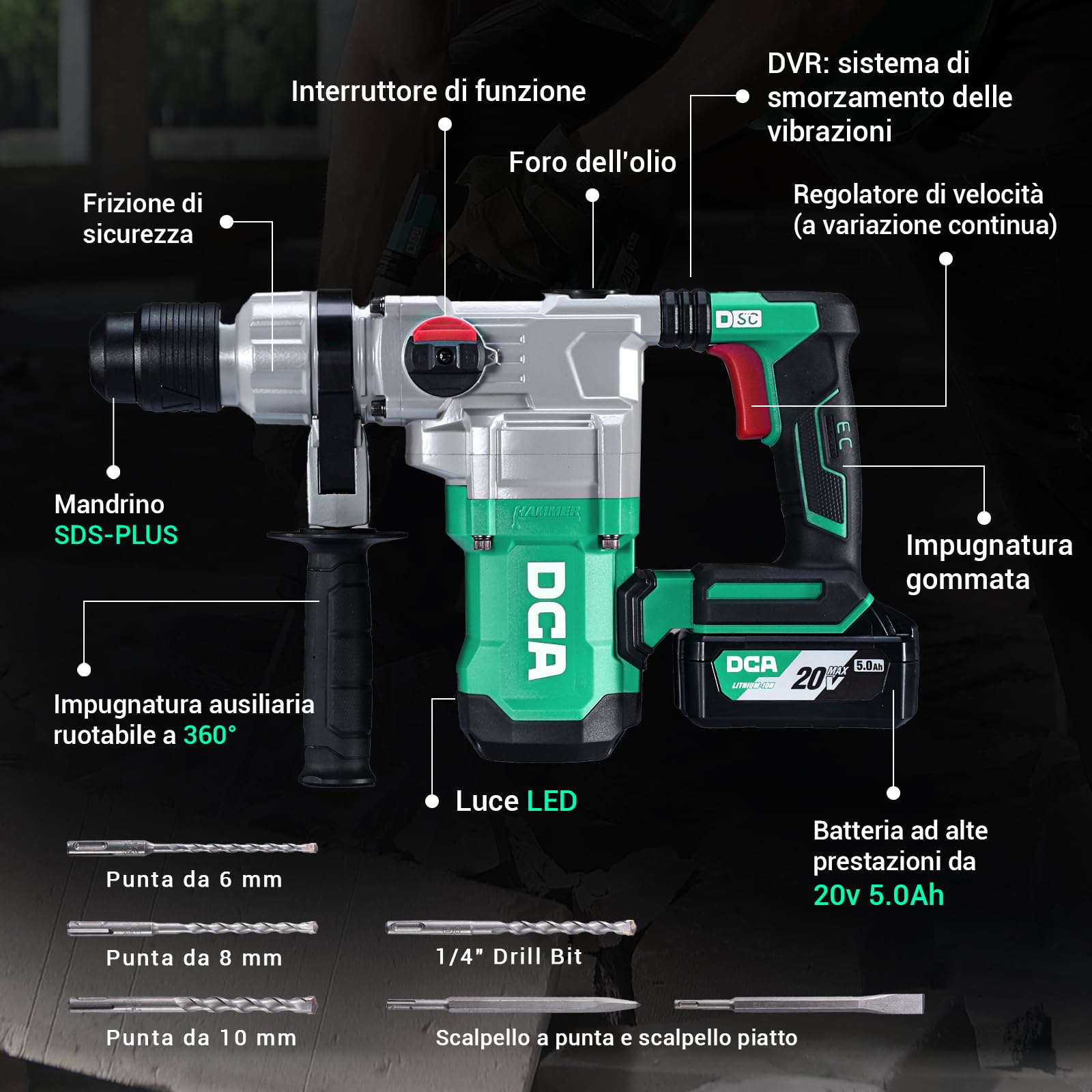 DCA Martello Perforatore a batteria 20V, 4,5 J e 3800 BPM, 4 pezzi da 28 mm SDS-Plus, trapano a Percussione ad alte prestazioni con controllo delle vibrazioni, batteria da 5,0 Ah, caricatore 4A