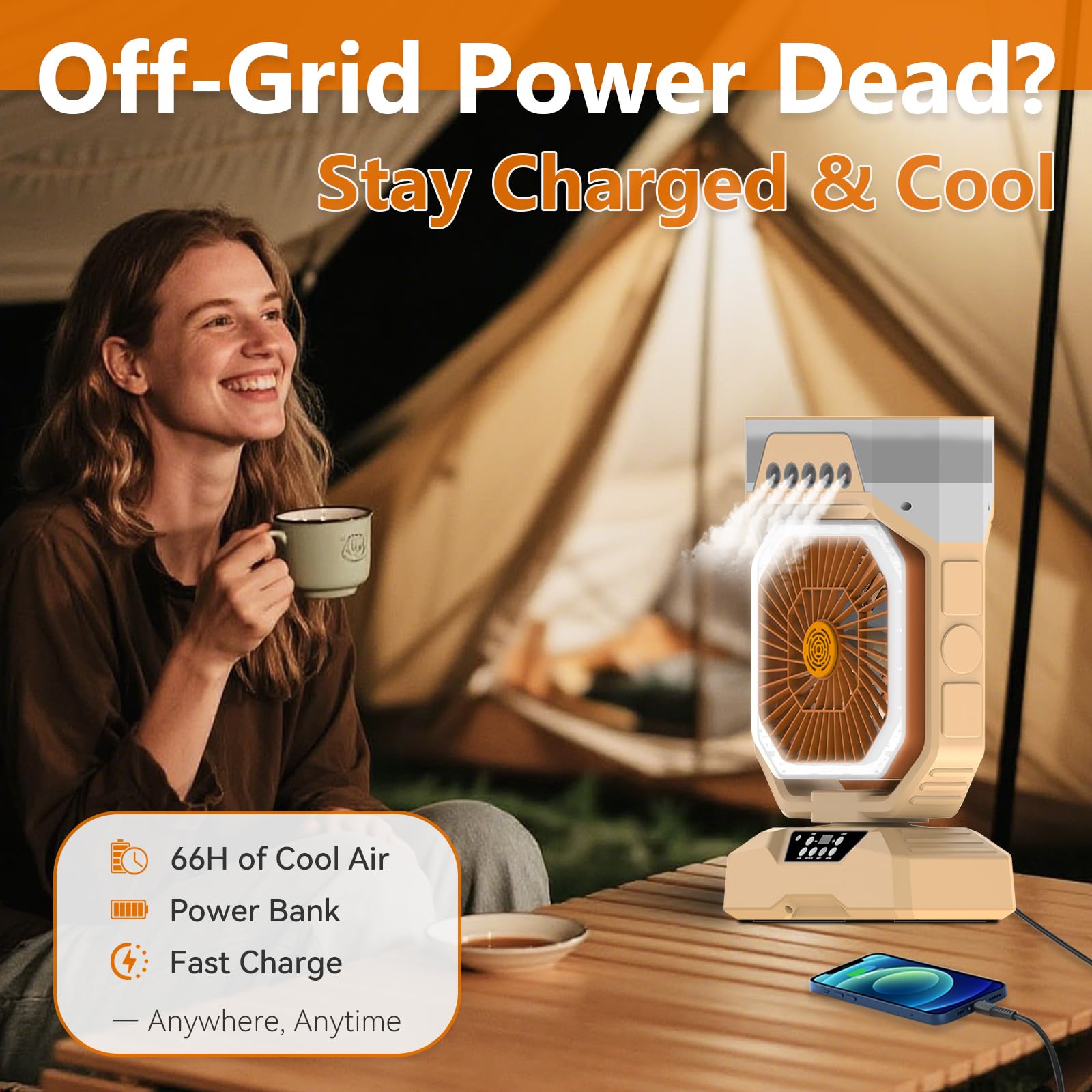 Weljoy Ventilatore nebulizzatore ricaricabile con luci LED, ventola di raffreddamento portatile con batteria da 27000 mAh, oscillazione a 90° e ricarica mobile per campeggio all'aperto (Biege)