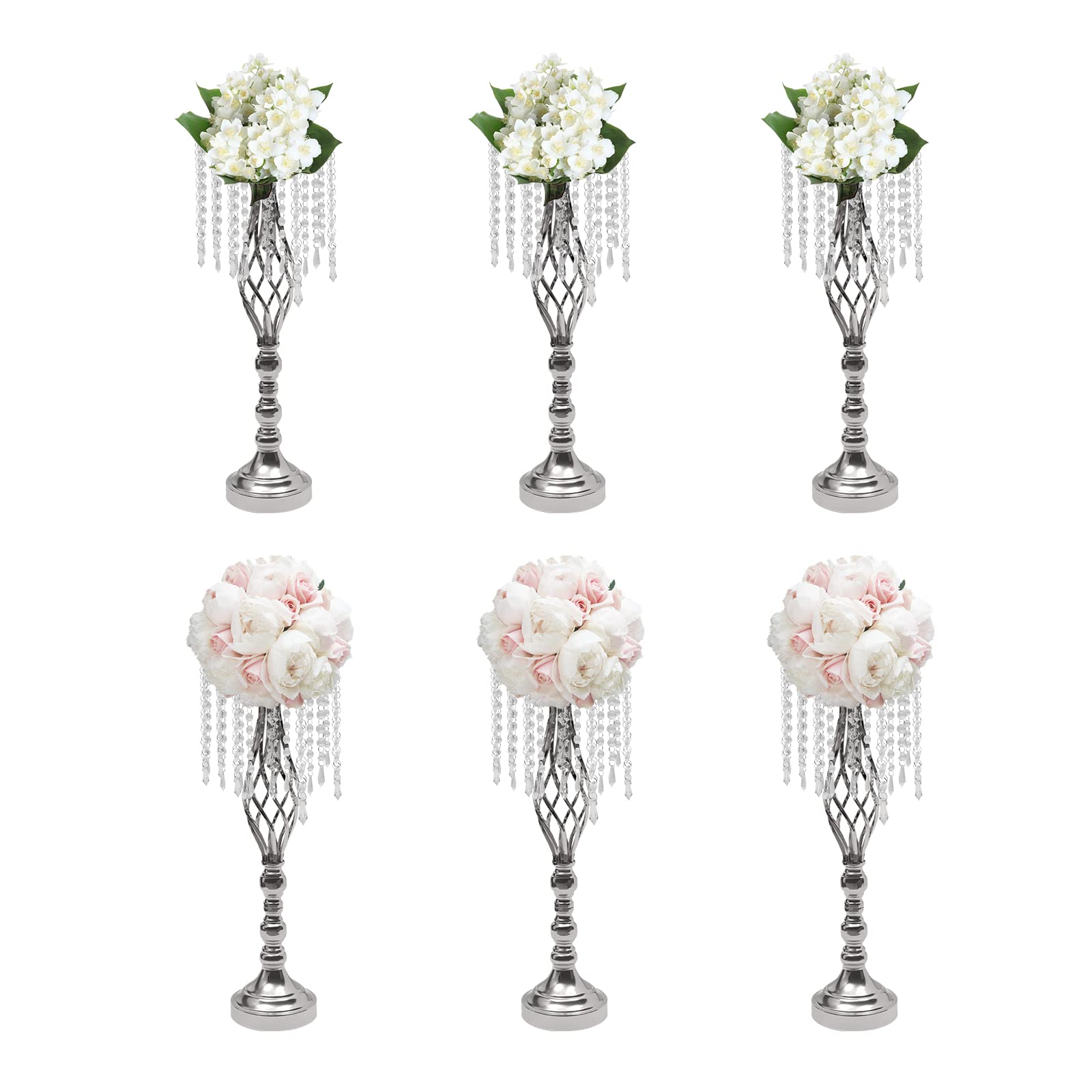 6Pcs Luxurious Acrylic Crysta Flower Stand, Silver Vases for Centerpieces, 21.7inch Pedestal Stands with Large Base, Tabletop Vase, for Wedding Party, Dinner Event, Hotel/Home Decor