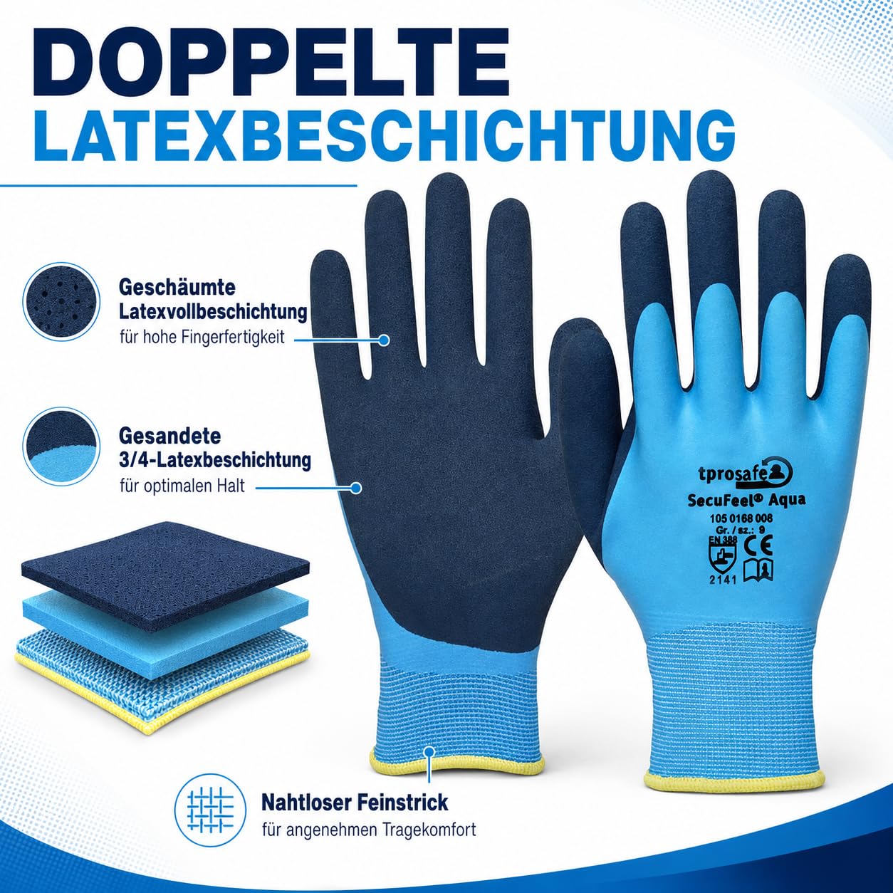 SecuFeel Aqua 12 Paar Arbeitshandschuhe Gr. 11 | Wasserdicht | Nassgriff Feinstrickhandschuhe mit doppelter Latexbeschichtung für Gartenbau, Gerüstbau und Landwirtschaft | CAT II