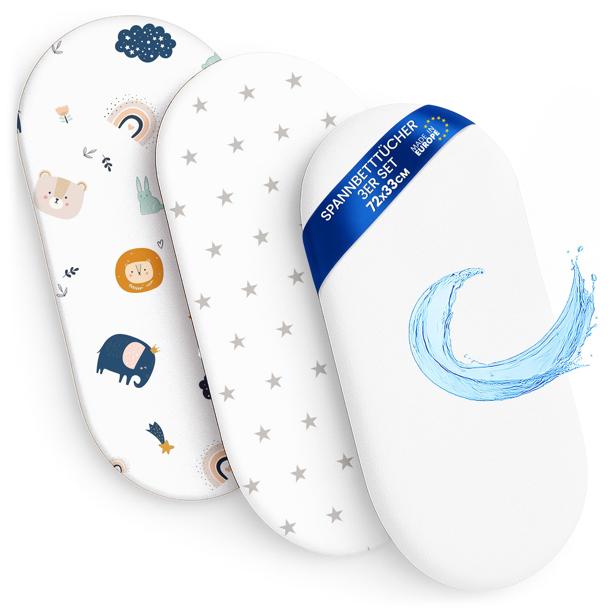 Spannbettlaken Kinderwagen Baby Spannbetttücher 3er Set: 33x72 cm - 2X Bettlaken + 1x wasserdichter Matratzenschoner - Babybett Zubehör für Kinderbett Beistellbett Stubenwagen 33 x 72