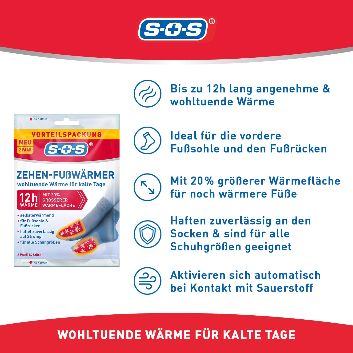 SOS Zehen-Fußwärmer – Wärmepads für bis zu 12 Stunden Wärme – für alle Schuhgrößen – haftet zuverlässig auf der Socke – ideal für Spaziergänge, Wintersport & kalte Tage