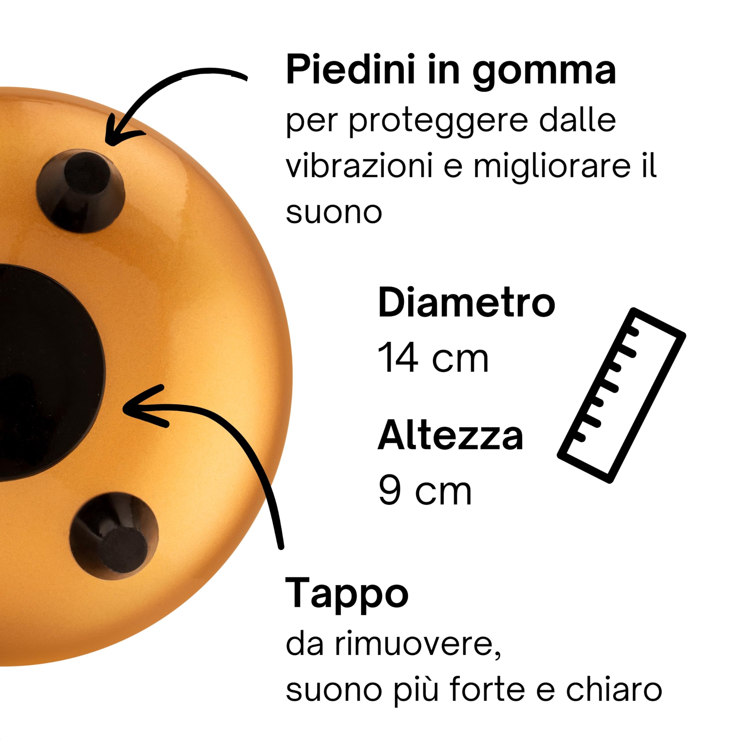 tamburo a lingua d'acciaio 'Standard' in Do Maggiore, oro - 14 cm con 8 note - steel tongue drum con canzoniere, mazzuoli, fingersticks e borsa da trasporto. Senza leggere le note.