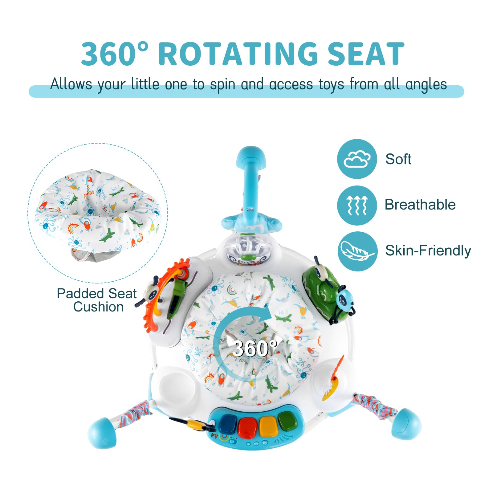 GYMAX Baby Jumpers & Bouncers, Interactive Baby Jumperoo Activity Center with 360° Rotary Seat, 3 Adjustable Heights, Music, Lights, Interactive Toys, Toddler Bouncer for 6 Months+ (Blue) — view 5