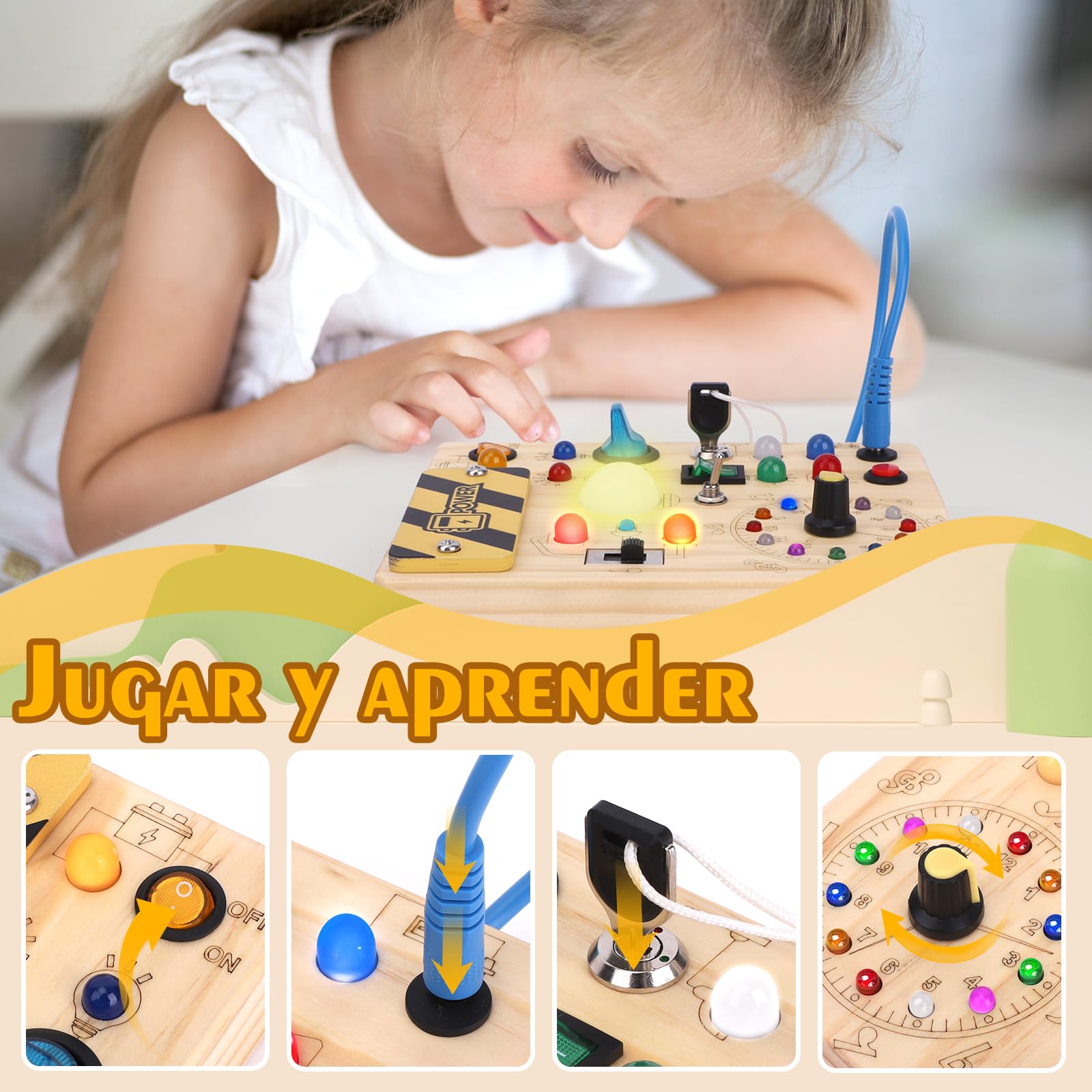 Hoarosall Busy Board Juguetes Montessori 1 años Tablero de Actividades Juguete Sensoriales de Madera con 10 interruptores y 23 Luces LED Educativo Motricidad Fina para Niños 1 2 3 Años, Niños y Niñas