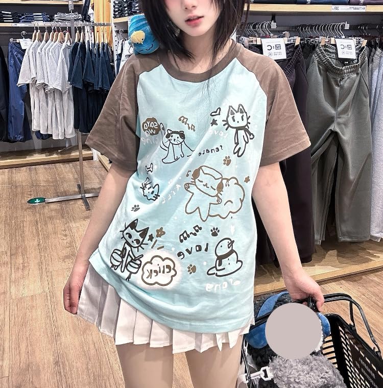 Y2K Kawaii Cute Cat Print T-Shirts for Women Patchwork Harajuku Oversize Top Round Neck Cutecore Tee Tops - Image 3