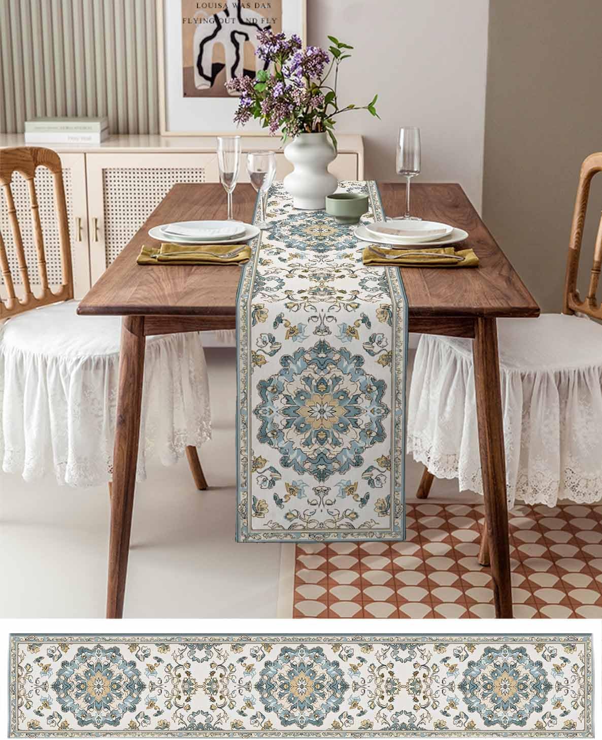 Bohemia Cotton and Linen Table Runner 108 Inches, Abstract Retro Pattern Dresser Decor Table Runners for Dining Party Holiday Wedding Table Decoration