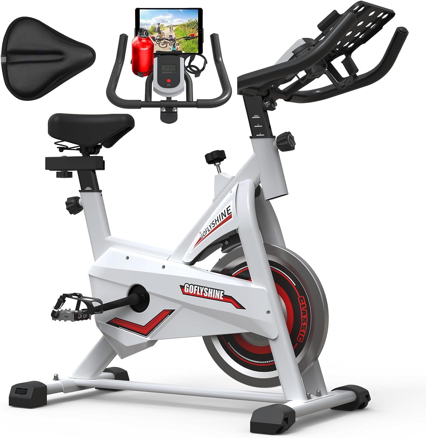 GOFLYSHINE Exercise Bikes Stationary, Indoor Cycling Bike for Home Cardio Gym,Workout Bike with Saddle Cover, Ipad Mount LCD Monitor,Silent Belt Drive GOFLYSHINE Exercise Bikes Stationary, Indoor Cycling Bike for Home Cardio Gym,Workout Bike with Saddle Cover, Ipad Mount LCD Monitor,Silent Belt Drive