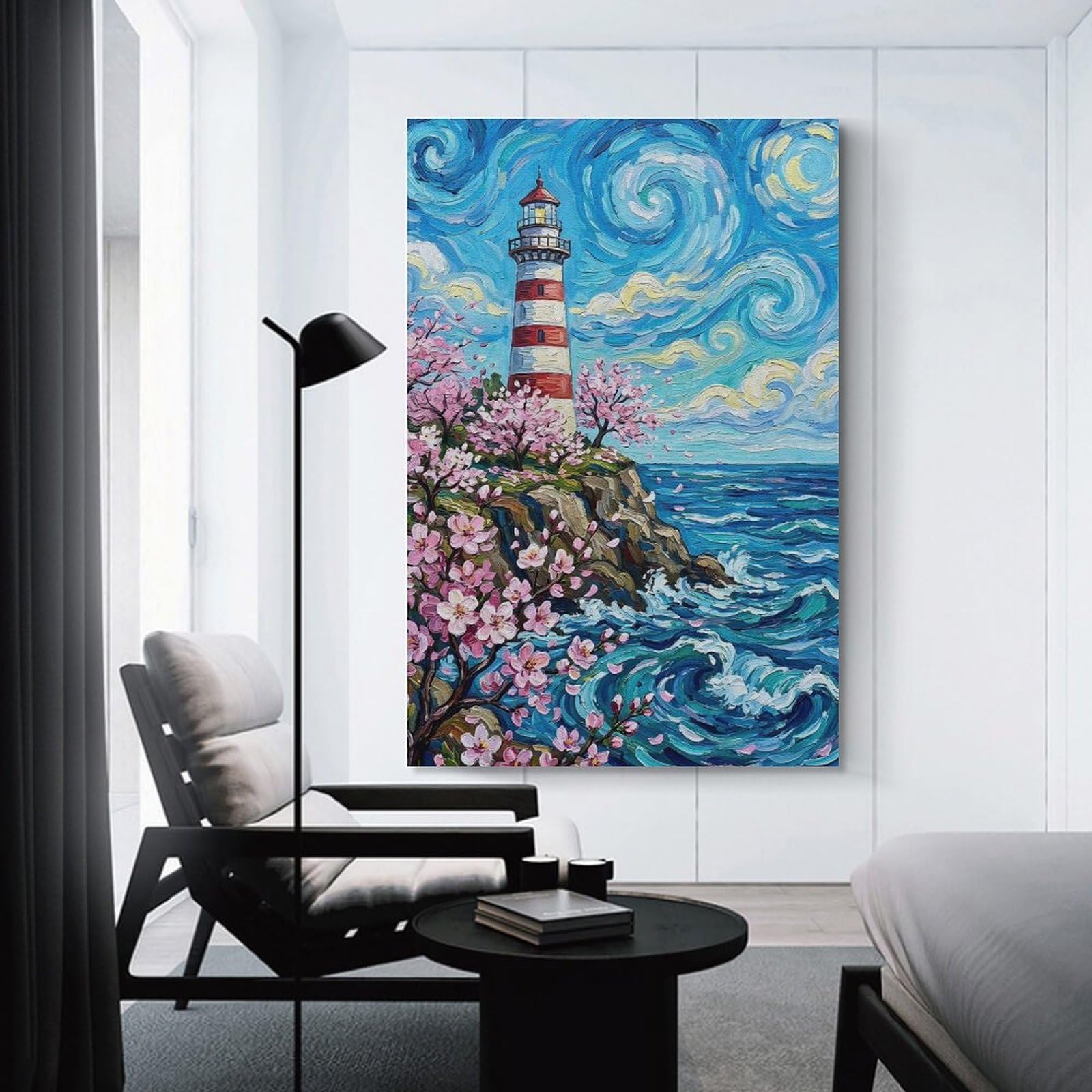 Junmoney Unframe-Style-2 Lighthouse With Cherry Blossoms Canvas Wall Decor, 24X36inch(60X90cm), For Apartment Walls, Studios Or Work Areas, Decorative Canvas Decor For Home Updates
