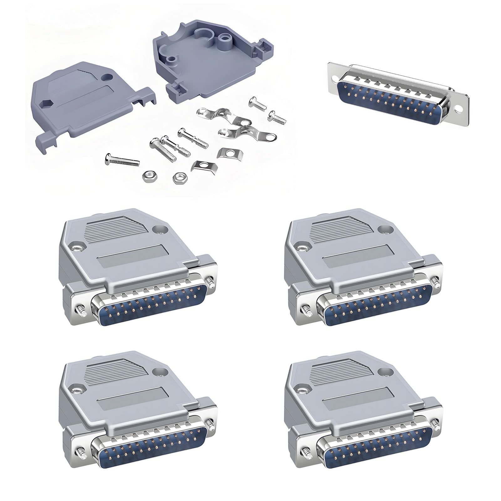 5 connettori per saldatura DB25 (maschio) con alloggiamento, set completo con spina RS232 pin e componenti adattatori
