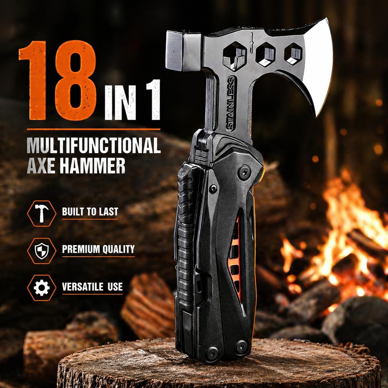 18-in-1 Multitool Hatchet Camping Axe with Hammer & Knife with Protective Sheath, Survival Gear for Men Dad, Emergency Car Tool & Hiking Accessories, Cool Gadgets for Outdoor Hiking Emergency