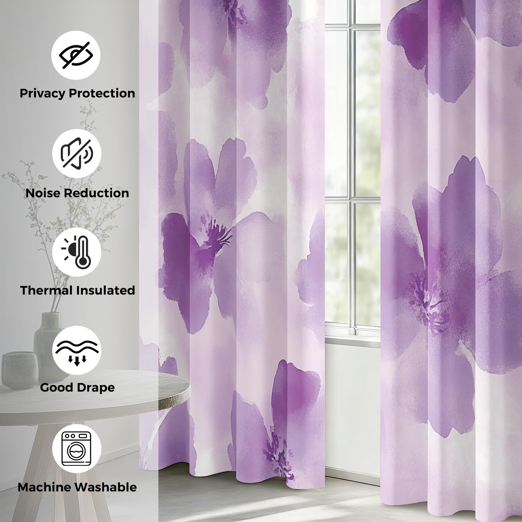 Generisch Lila Blumen Vorhang Blickdicht, 95% Blickdichte Vorhänge Aquarell Blumen, Verdunkelungsvorhang 260x140 2er Set, Schlafzimmer Wohnzimmer Gardinen mit Ösen Q-D37