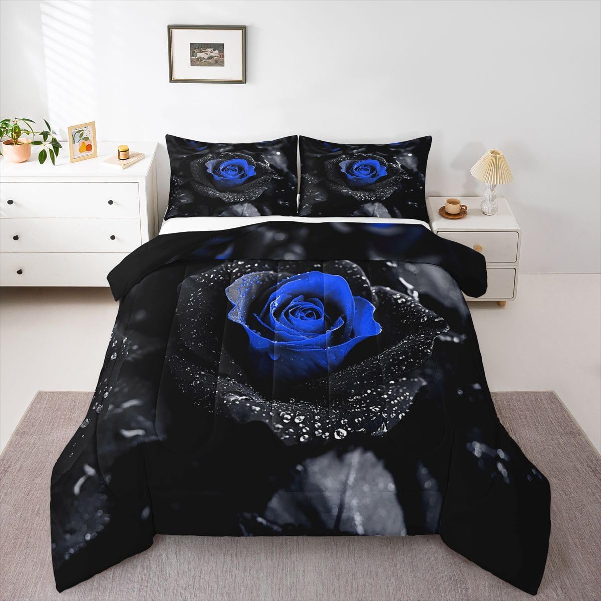 Feelyou Rose Comforter Set for Kids Boys Girls Black Blue Rose Floral Flower Comforter Queen Size Garden Flower Bedding Set Bedroom Decor Romantic Valentine's Day Duvet Set Quilt Set 3Pcs