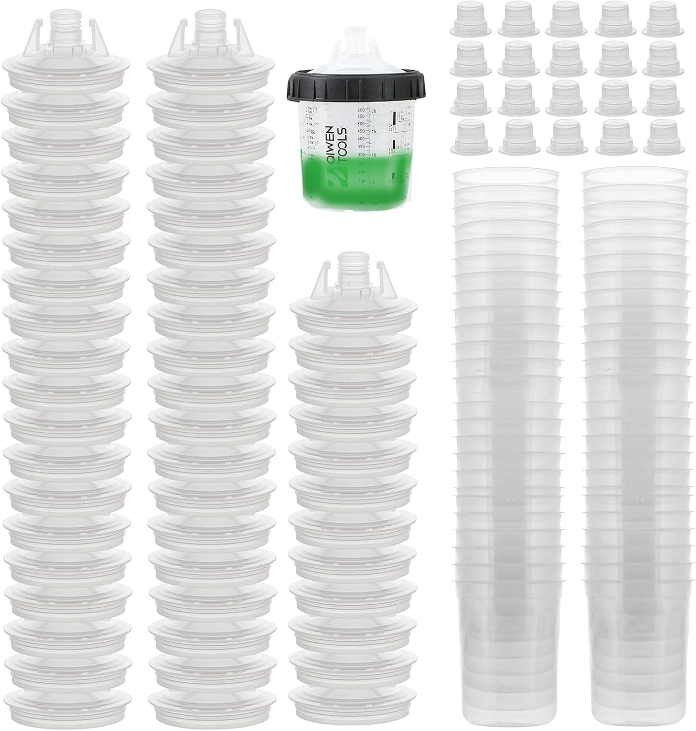 Car Spray Paint Cup - Measurement Marked Mixing Container, Professional Painting Kit Accessory, Spray Ggunn Support, 50 Lid 20 Plug Complete Set, Auto Body Painting Tool | for DIY & Professional