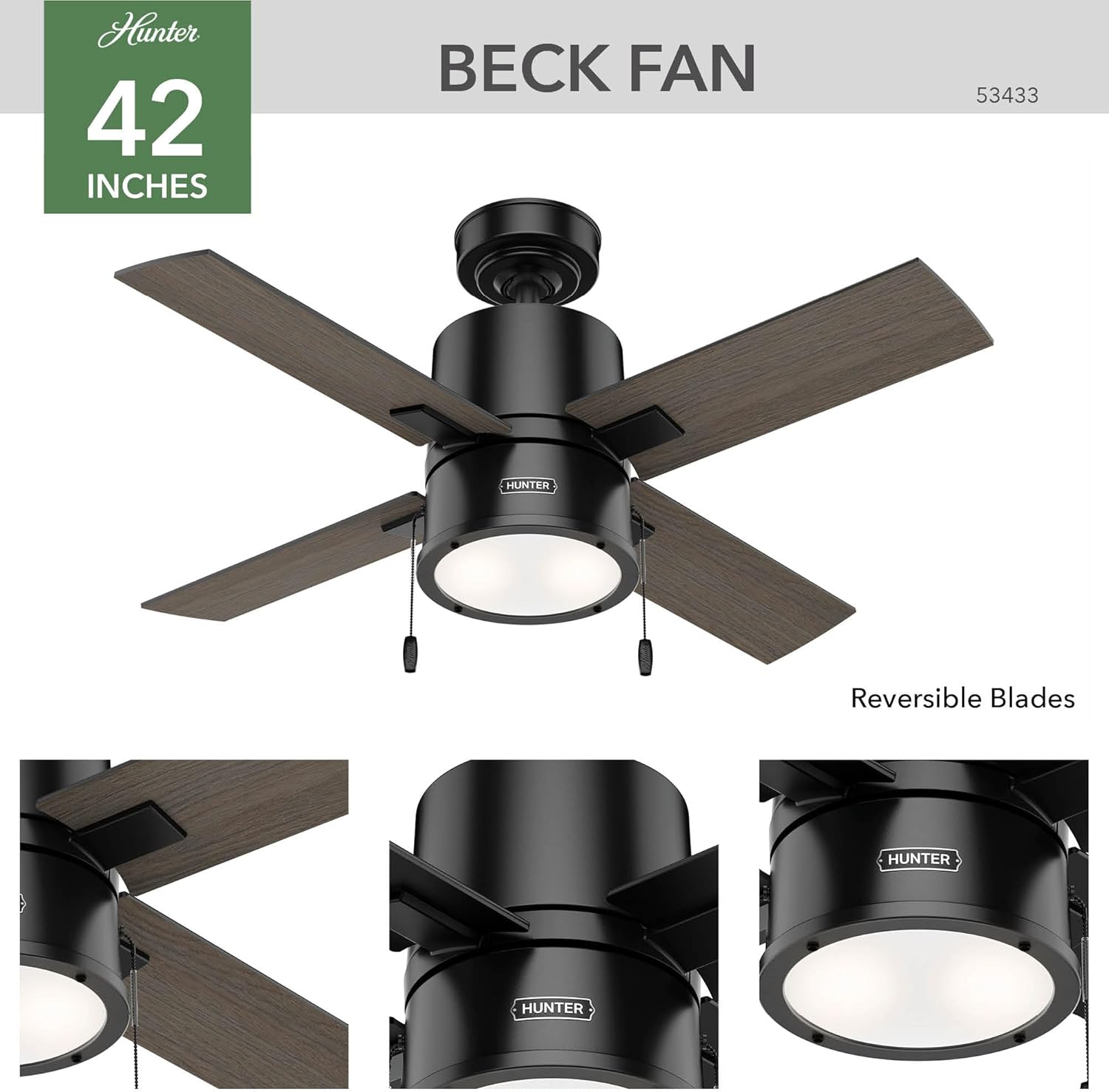 Hunter 42 inch Indoor Ceiling Fan with LED Light - Black Ceiling Fan with Pull Chain, For Bedroom, Living Room, or Kitchen, Standard Mount, No Remote, 4 Blades - Beck 53433, Matte Black