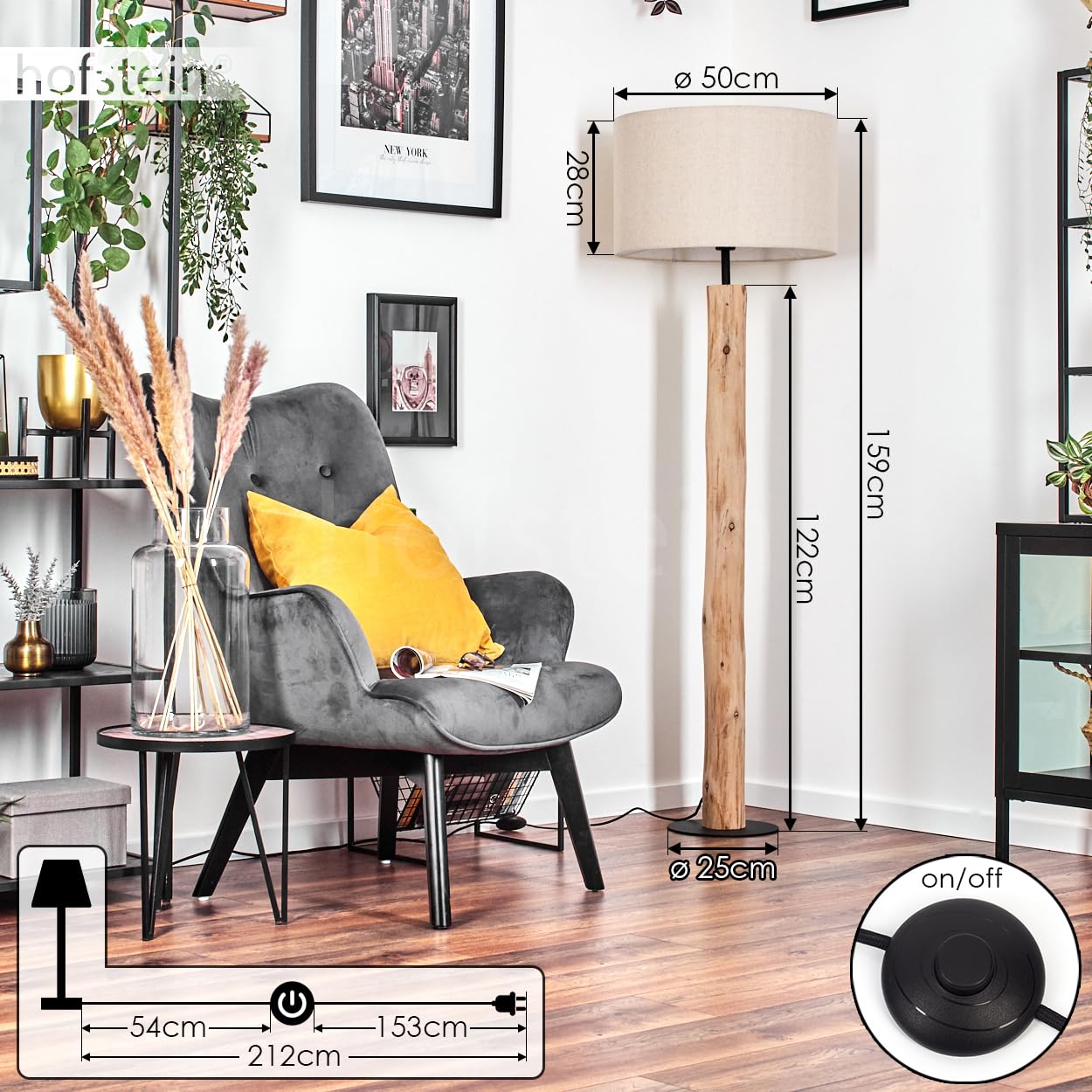 Stehleuchte Flemming, Stehlampe aus Holz/MetallStoff in Natur/Schwarz/Beige, Leuchte im skandinavischen Design mit rundem Schirm (Ø 50 cm) u. Fußschalter, Höhe 159 cm, 1 x E27, ohne Leuchtmittel