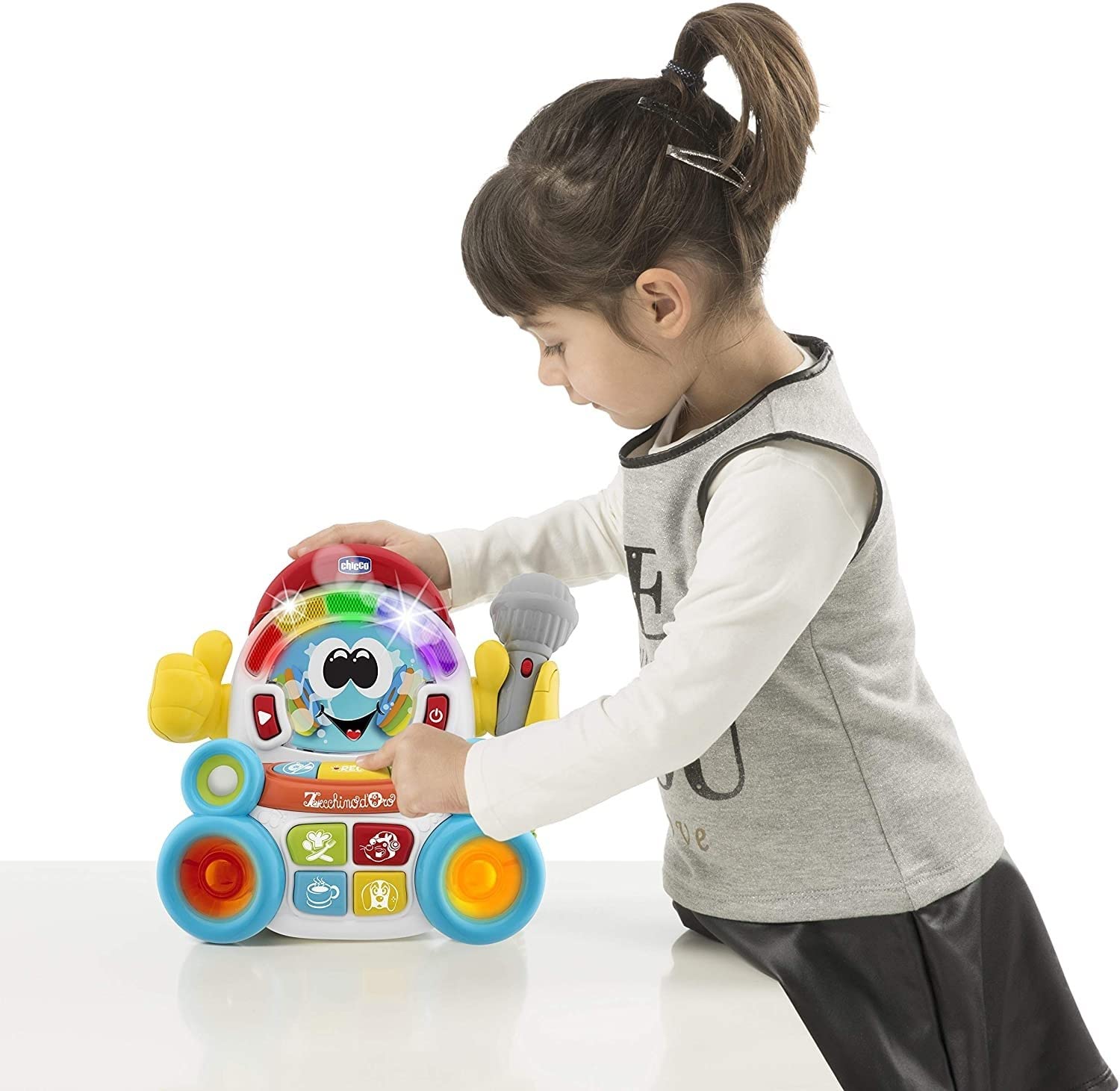 Chicco - Songy Il Cantante, Gioco Musicale Elettronico con Microfono, 3 Modaità di Gioco, Disco Radio, Registra Una Canzone, Karaoke, 3-6 Anni, Multicolore