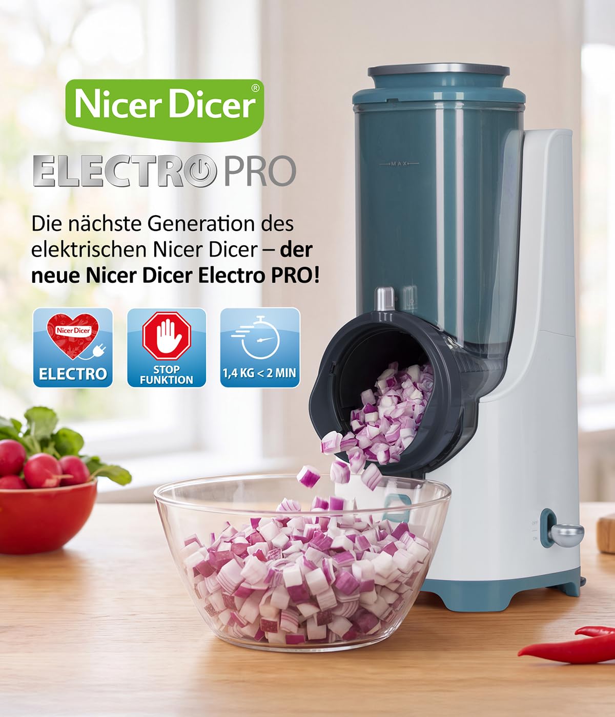 Genius Nicer Dicer Electro PRO Set 32-tlg., sage, Gemüseschneider elektrisch mit 9 Einsätzen zum Reiben, Hobeln, Würfeln & Schneiden, extra-scharfe Klingen, einfache Reinigung, leistungsstark