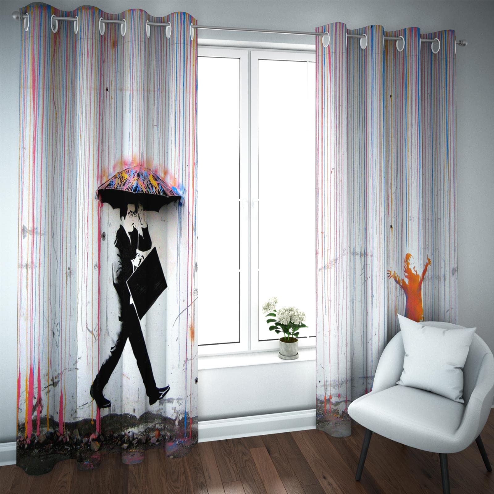 Cortinas Opacas para Dormitorio - Grommet Habitación con Aislamiento térmico Oscurecimiento Banksy Rainbow Cortinas de Lluvia para Sala de Estar Juego de 2 Paneles H160xB135