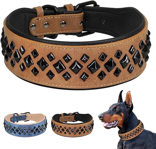 PET ARTIST Collares de perro de cuero grandes con tachuelas de 2 pulgadas de ancho con acolchado suave, diseño occidental, collar de perro