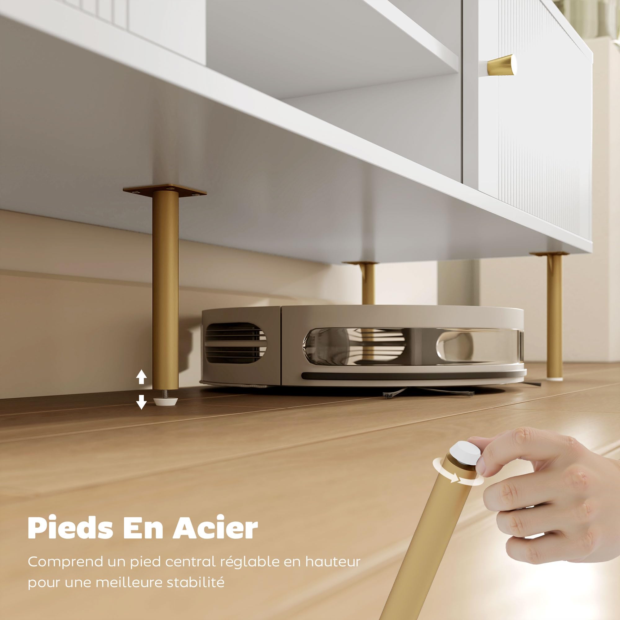 HOMCOM Meuble TV 140 cm, Meuble télé pour téléviseur jusqu'à 65 Pouces avec 2 Portes, 2 Compartiments Ouverts et Pieds en Acier, 2 Passe-câbles, Banc TV Moderne pour Salon, Chambre à Coucher, Blanc